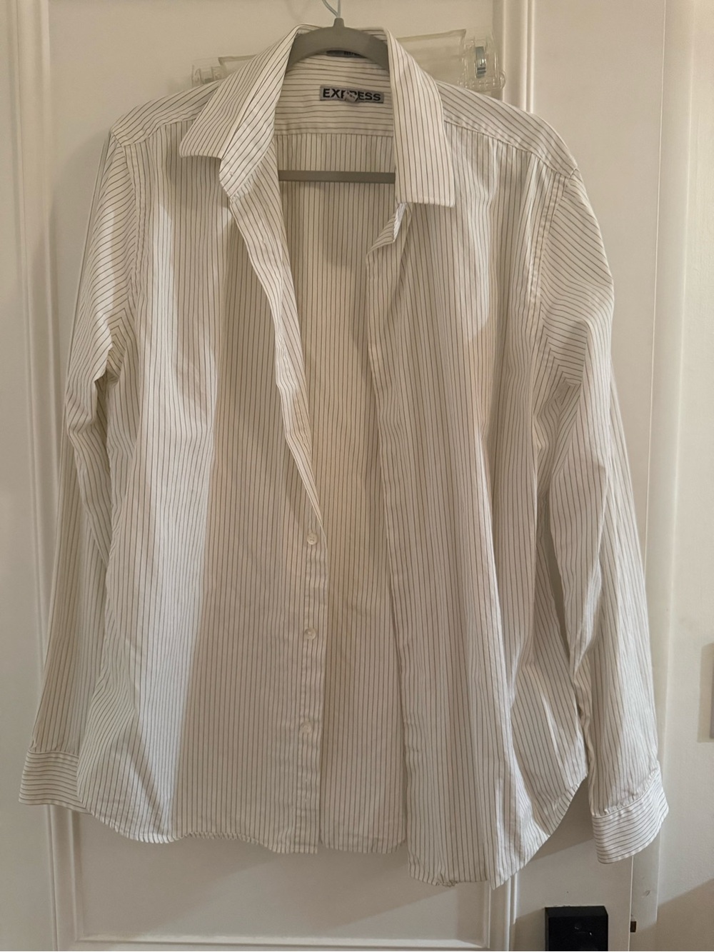 Express Men’s White Dress Shirt with Thin Gray Stripes
